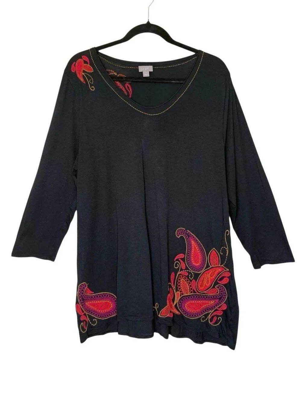 J. Jill Tunic Top Black Embroidered Size XL Whimsigoth, Folk Art, Boho Chic
